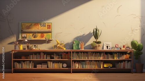 A teacher arranging classroom supplies on a shelf, realistic textures, accurate lighting and shadows, crisp lines, high detail, generative ai illustration