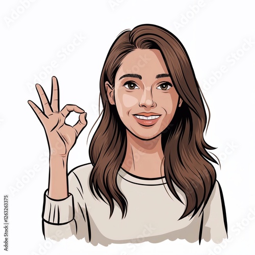 Smiling Woman Showing OK Gesture – Digital Illustration