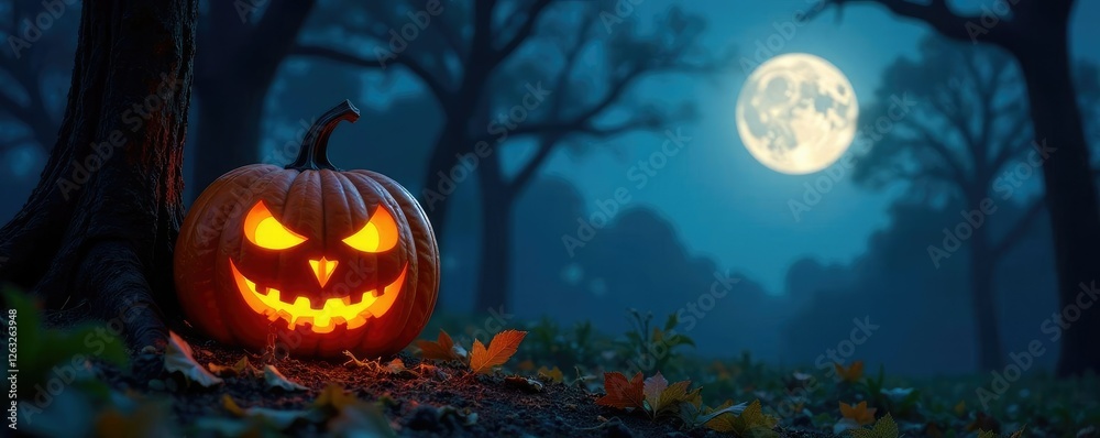 Twinkling moonlight casts eerie glow on pumpkin, glowing, forest Twinkling moonlight casts eerie glow on pumpkin, glowing, forest