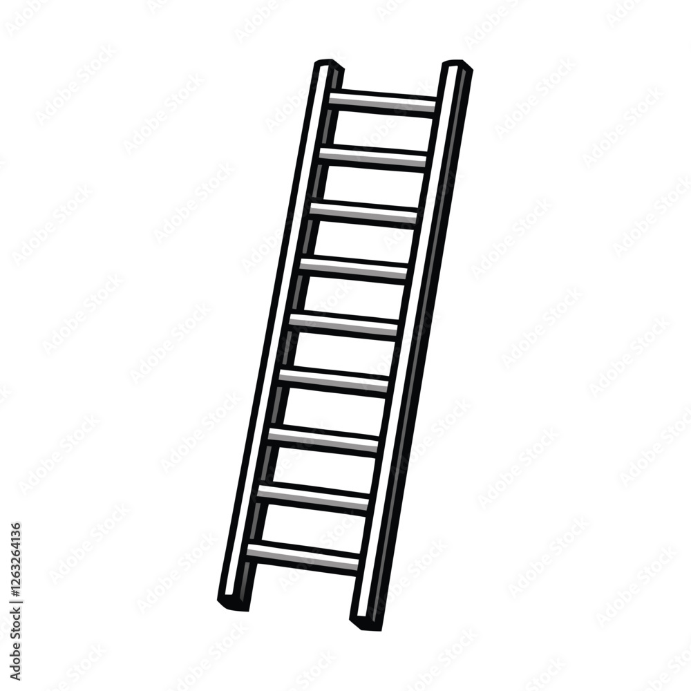Create a clean, editable stroke vector graphic of a simple ladder leaning against a wall, suitable for various design applications. Include realistic proportions. Create a clean, editable stroke vector graphic of a simple ladder leaning against a wall, suitable for various design applications. Include realistic proportions.