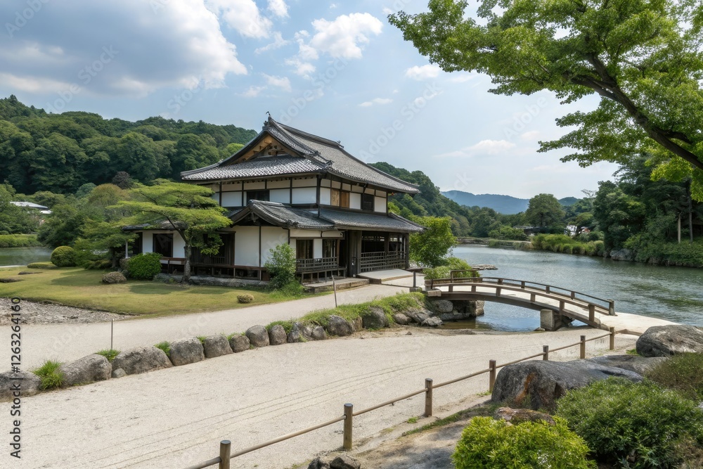 Traditional Japanese House near the River, landscape, riverbank, nature Traditional Japanese House near the River, landscape, riverbank, nature
