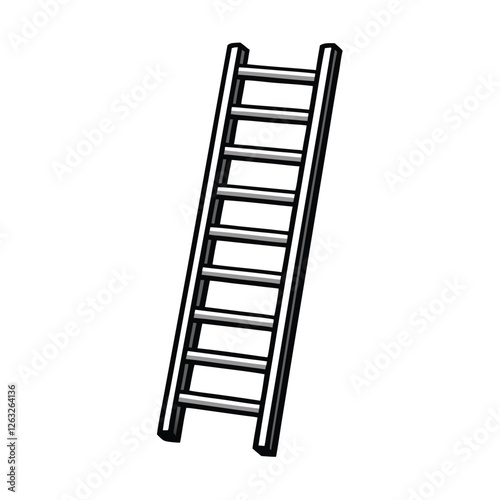 Create a clean, editable stroke vector graphic of a simple ladder leaning against a wall, suitable for various design applications.  Include realistic proportions.