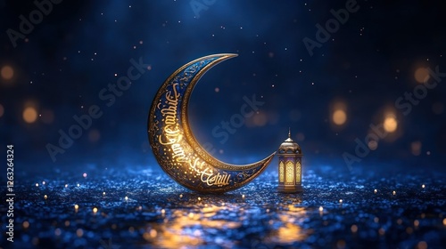 Islamic crescent moon and lantern, dark blue background, glowing light, Ramadan celebration photo