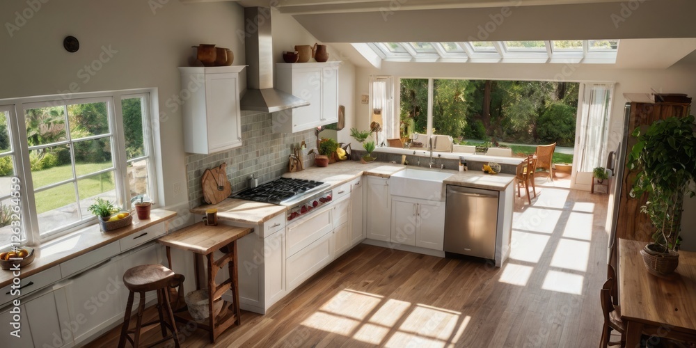 Fototapeta premium Sunlit Kitchen With White Cabinets And Garden Views