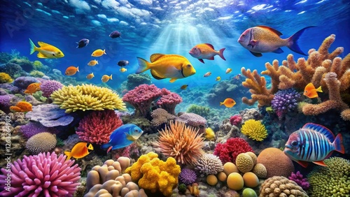 Fototapeta Naklejka Na Ścianę i Meble -  Tropical coral reef with colorful fish swimming amidst the vibrant coral formations, oceanic, coral reef