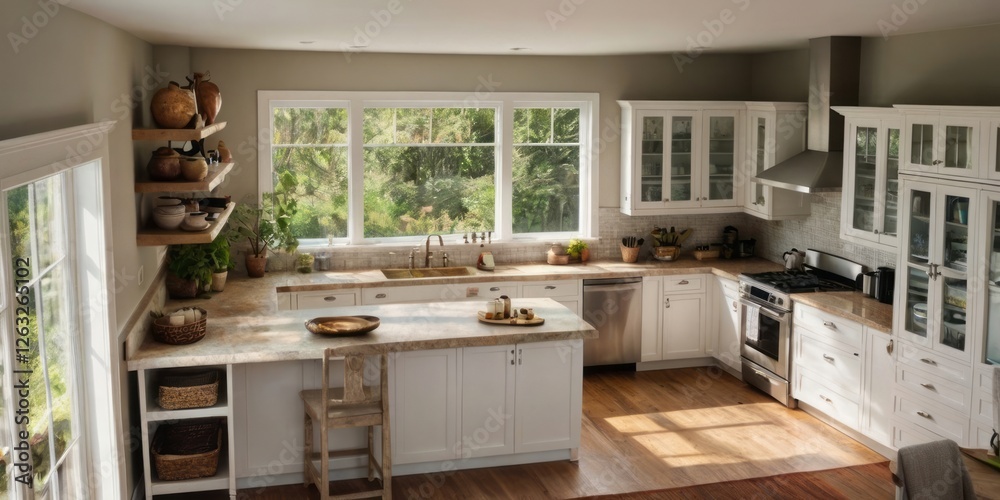 Fototapeta premium Bright Kitchen With Island And Abundant Natural Light