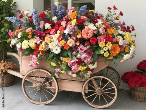 Vintage flower cart adorned with a variety of colorful blooms, creating a vibrant and charming display, retro, charming, market