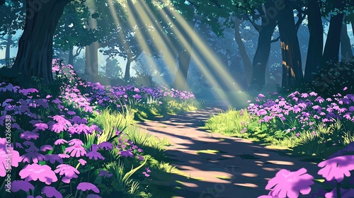 Sunbeams pierce a path through a vibrant, flower-filled forest.