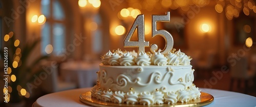 Elegant golden 45th birthday cake with swirls in festive setting, anniversary celebration