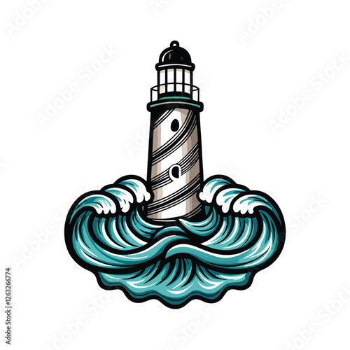 Editable vector illustration of a solitary lighthouse,  detailed structure, isolated on white background, perfect for nautical themed designs.