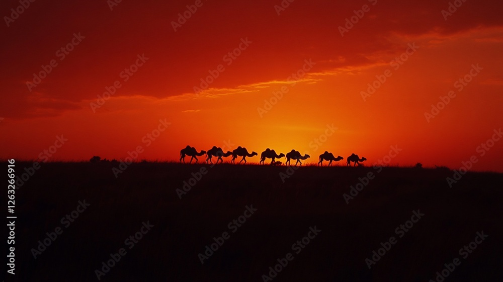 Camel caravan silhouette at sunset in desert landscape. Camel caravan silhouette at sunset in desert landscape.