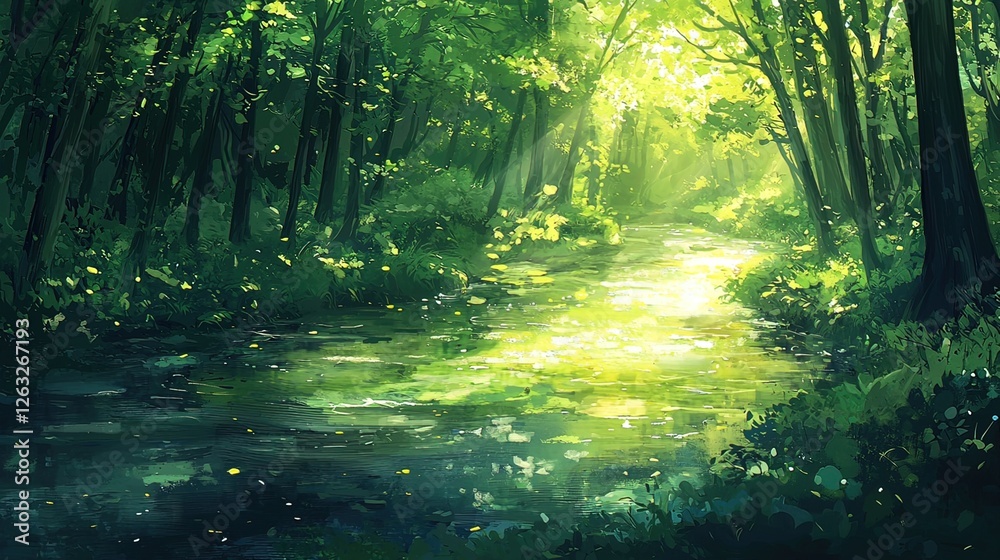 Obraz premium Sunlight streams through a lush forest path beside a tranquil waterway.