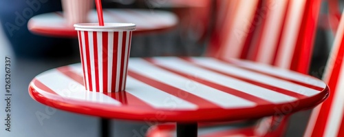 Striped Table with Drink on Sunny Day at Outdoor Cafe photo