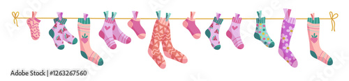Clothesline socks. Socks on a rope, Baby socks with patterns vector cartoon.