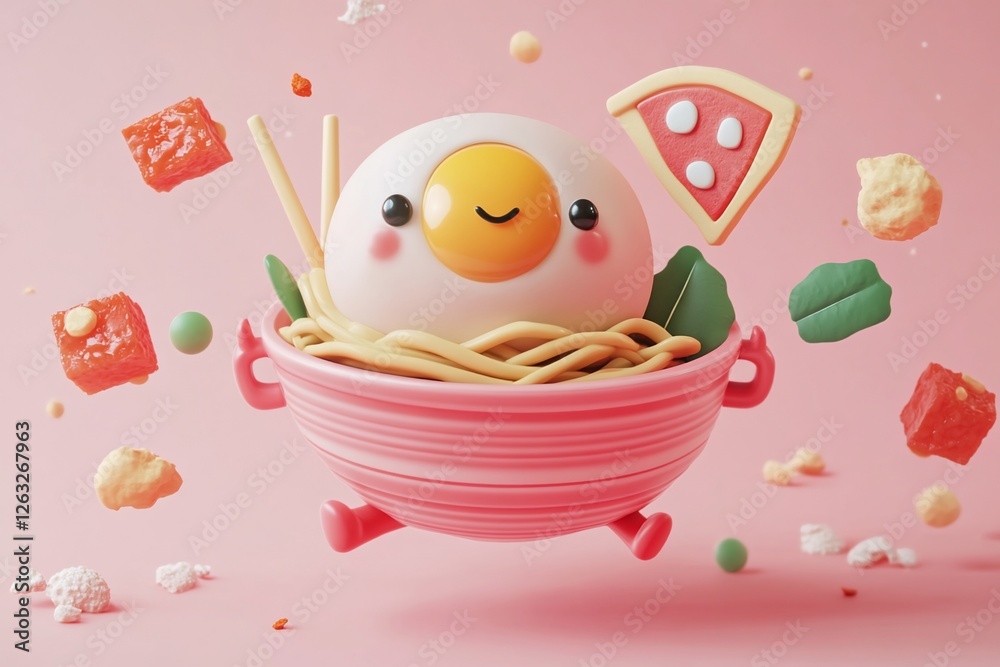 Fototapeta premium Cute 3D cartoon egg noodle bowl with pizza and vegetables flying around.