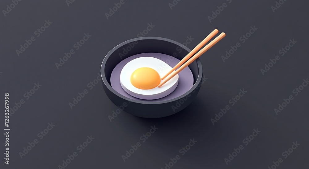 3D rendered image of a fried egg in a bowl with chopsticks. 3D rendered image of a fried egg in a bowl with chopsticks.