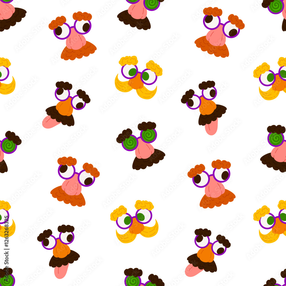 Fototapeta premium Fake nose glasses vector seamless pattern. Bright background for April Fool's Day. Traditional disguise glasses backdrop for Joke Day isolated on white for wrapping, textile, print, web