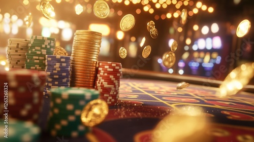 A vibrant casino scene featuring a baccarat table, stacks of poker chips, and golden coins flying through the air, illuminated by luxurious lighting.