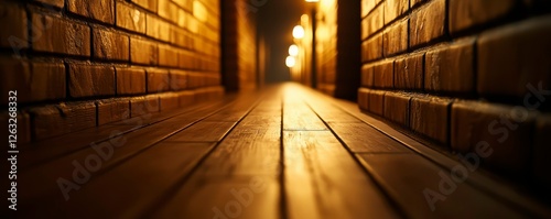 Long Brick Hallway with Wooden Floor and Light Bulbs photo