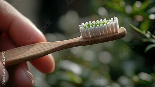 Hand holding bamboo toothbrush, outdoors, green background; eco-friendly dental hygiene photo