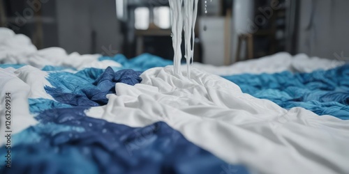 White fabric being immersed in blue dye during dyeing process, textile alteration, textile colorant