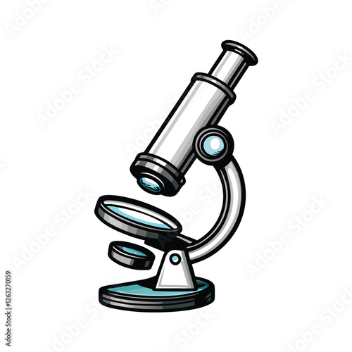Create a high-resolution editable stroke vector graphic of a microscope meticulously examining a specimen.  Focus on detailed, clean lines.