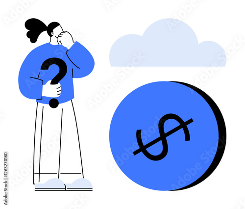 Worried character holding question mark, contemplating large dollar sign, cloud above. Ideal for financial planning, decision making, uncertainty, questions, economy, problem-solving business