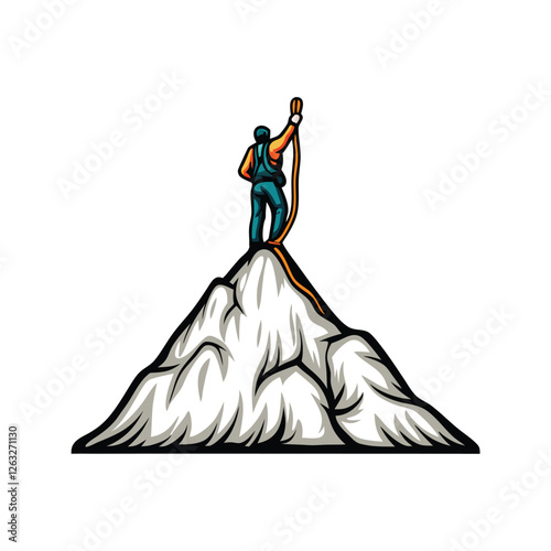 Create a scalable vector graphic of a mountain climber reaching a summit, with editable strokes for easy customization.  Include detailed clothing and equipment.