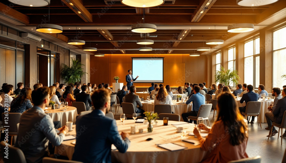 A well-lit conference room with engaged attendees and a speaker presenting on stage. A well-lit conference room with engaged attendees and a speaker presenting on stage.
