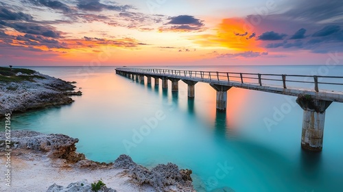 Wallpaper Mural Tranquil pier extending into a serene turquoise bay at sunset, with vibrant colors reflecting on the calm water. Torontodigital.ca