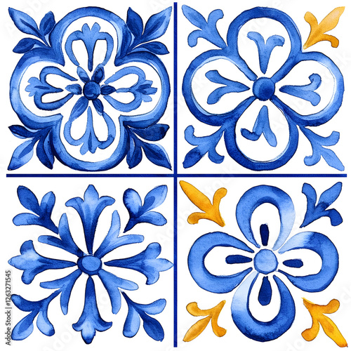 Watercolor artwork, blue and yellow azulejos tile Traditional Portuguese Mosaic