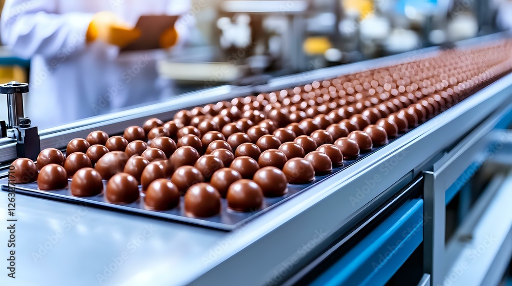 Chocolate confectionery production line with round candies on conveyor belt in food manufacturing facility. Quality control worker inspects process in background. Chocolate confectionery production line with round candies on conveyor belt in food manufacturing facility. Quality control worker inspects process in background.