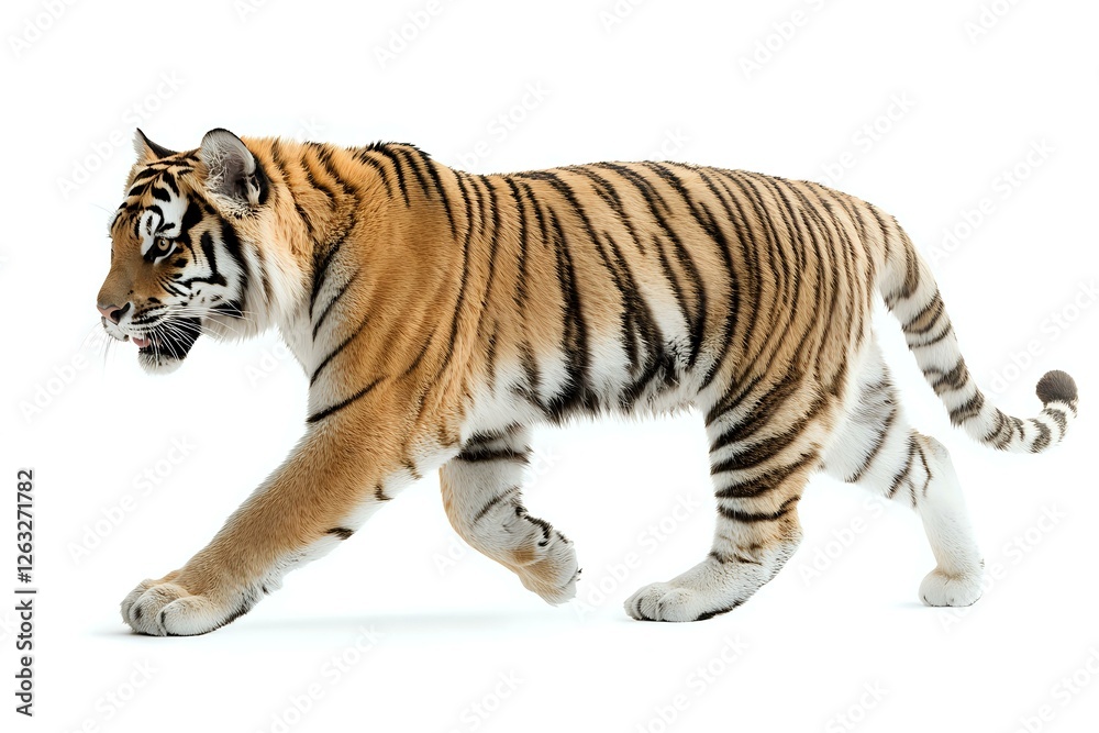 Majestic Bengal tiger walking in side view on white background, showing distinctive orange fur with black stripes. Isolated wildlife photo for nature designs. Majestic Bengal tiger walking in side view on white background, showing distinctive orange fur with black stripes. Isolated wildlife photo for nature designs.