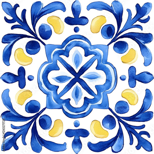Watercolor artwork, blue and yellow azulejos tile Traditional Portuguese Mosaic