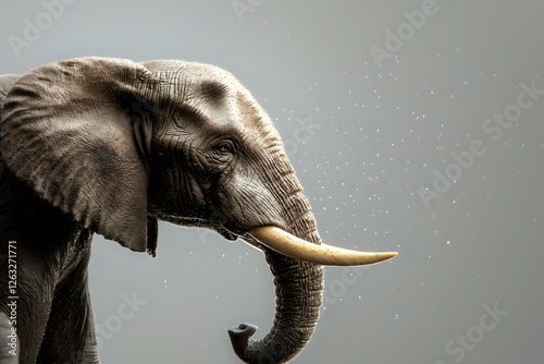 African elephant head profile with water spray from trunk against dark background, dramatic side lighting highlights texture of skin and ivory tusks.