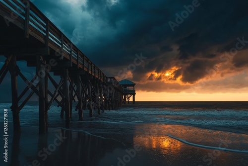 Wallpaper Mural Dramatic sunrise pier scene with stormy clouds, ocean waves, and golden light reflecting on wet sand. Torontodigital.ca