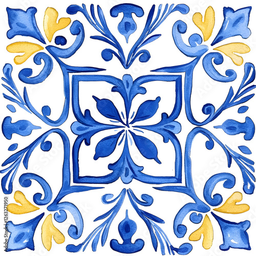 Watercolor artwork, blue and yellow azulejos tile Traditional Portuguese Mosaic