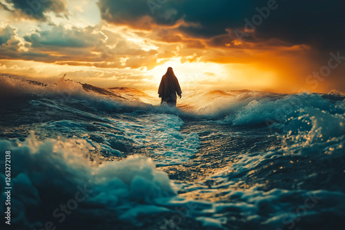 Jesus walks on water across the sea during a storm. Biblical theme concept.