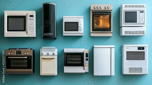 Kitchen Appliances Arranged on Light Blue Surface with Oven and Microwave in Background.  Possible Use Home Design, Modern Kitchen Ideas