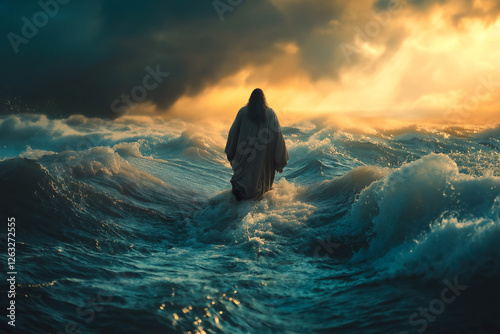 Jesus walks on water across the sea during a storm. Biblical theme concept.