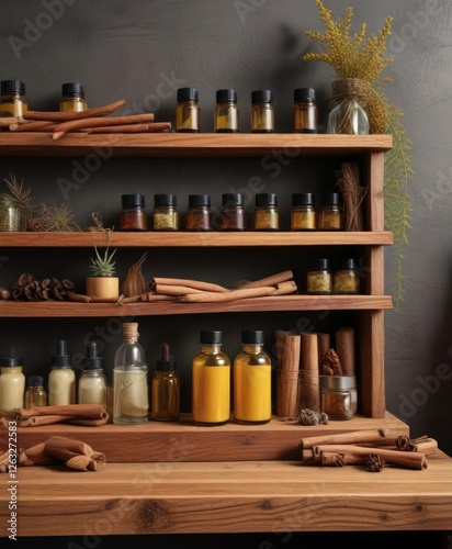 Wooden shelf with bottles of beard oil and cinnamon sticks, fragrance, storage, aromatic scents