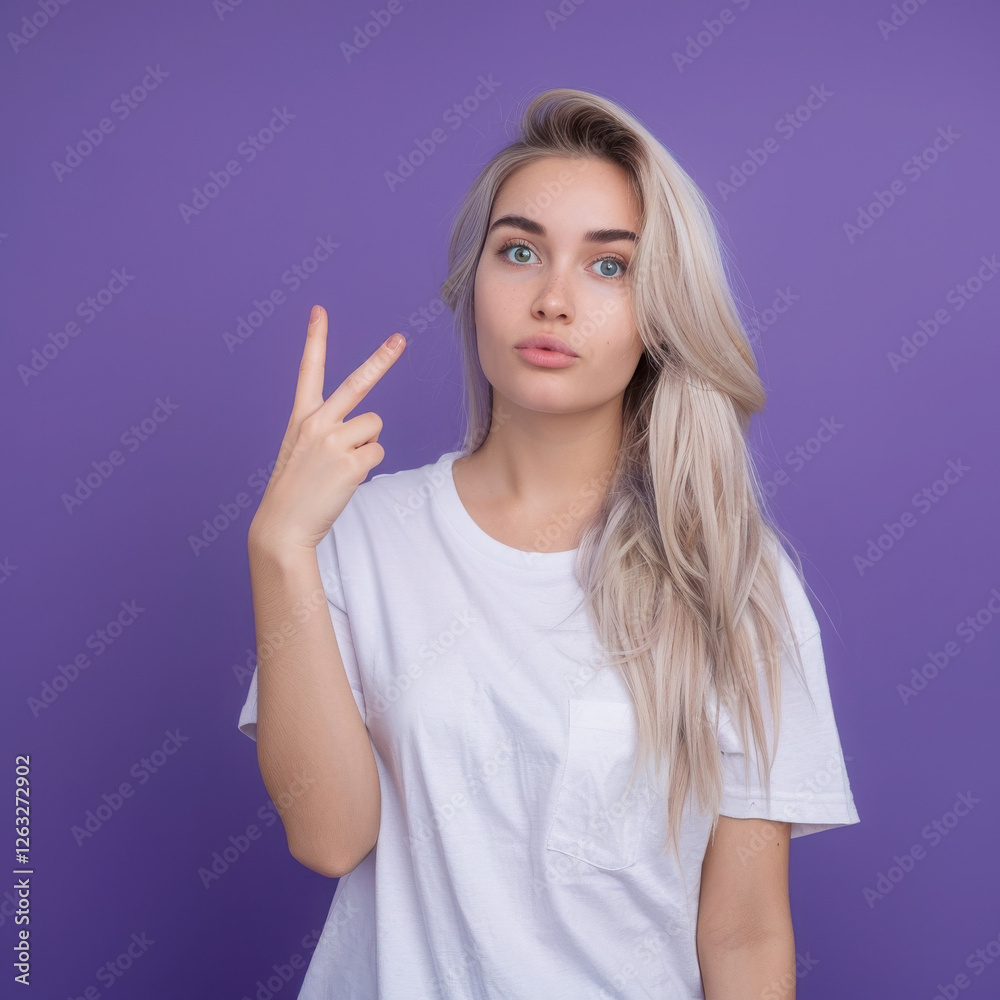 Photo of nice young girl indicate finger empty space wear shirt isolated on violet color background. Photo of nice young girl indicate finger empty space wear shirt isolated on violet color background.