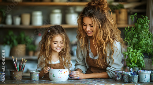 Mother and daughter paint pottery in a workshop.  Craft activity, family bonding, hobby
