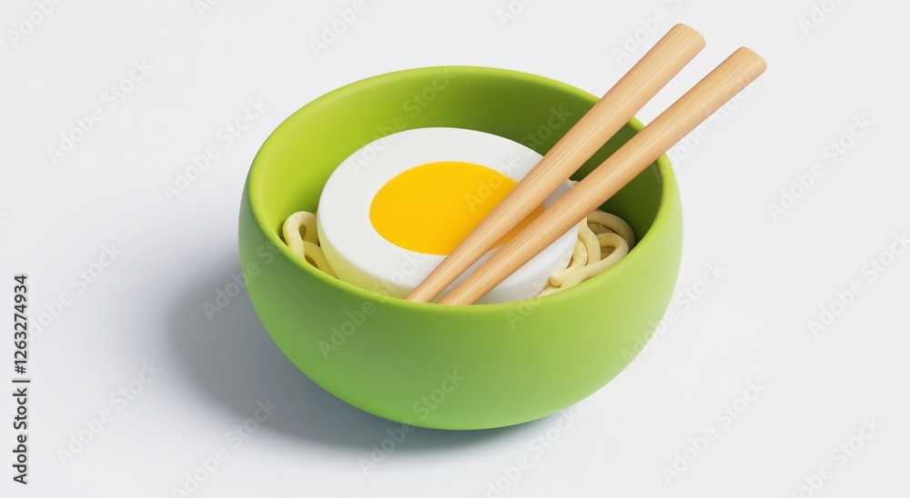 3D render of a green bowl with noodles and egg, chopsticks. 3D render of a green bowl with noodles and egg, chopsticks.