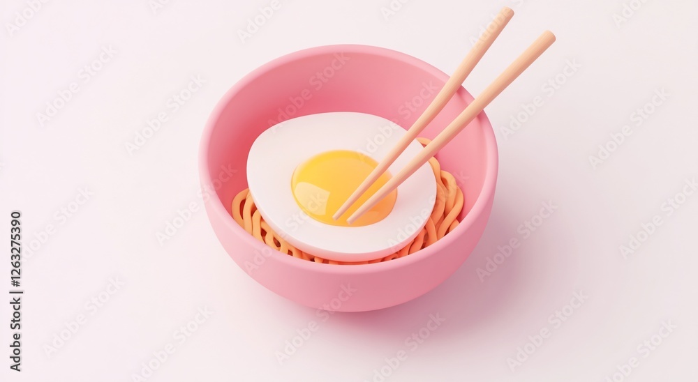 Pink bowl of noodles topped with a fried egg and chopsticks. (1) Pink bowl of noodles topped with a fried egg and chopsticks. (1)