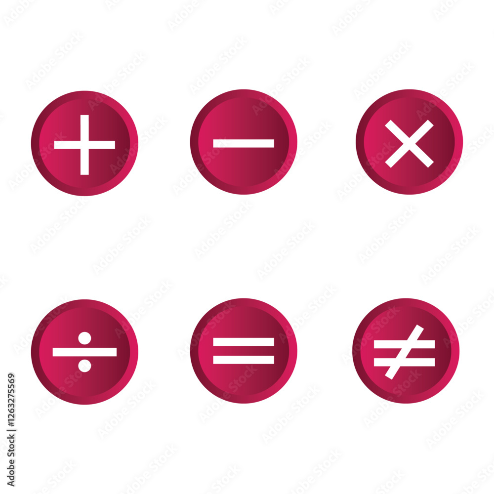 Plus and minus sign set. Plus, minus, add and subtract icon set in circle. Round plus and minus multiply divide equal not equal icons set with different thicknesses in pink color. Plus and minus sign set. Plus, minus, add and subtract icon set in circle. Round plus and minus multiply divide equal not equal icons set with different thicknesses in pink color.