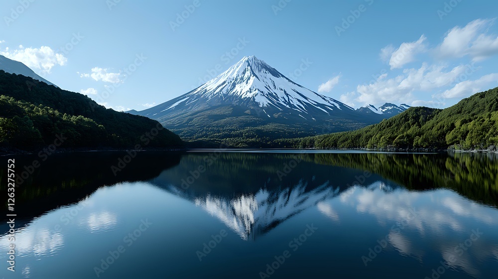 Majestic snow-capped mountain peak reflected in calm lake waters surrounded by forested slopes, creating mirror-like symmetry against blue sky and white clouds. Majestic snow-capped mountain peak reflected in calm lake waters surrounded by forested slopes, creating mirror-like symmetry against blue sky and white clouds.