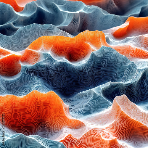 Abstract wave pattern luminous orange fractal on blue topography, microscopic electron scan photography surface detail