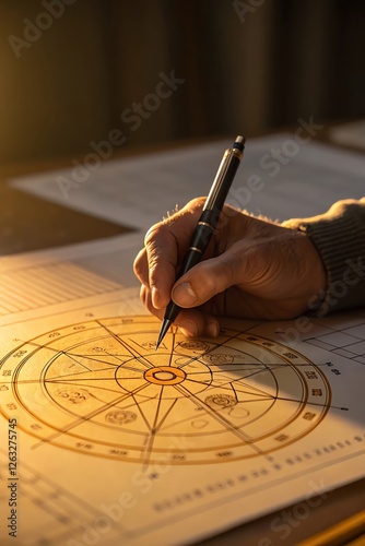 Obraz na płótnie Person drawing astrological chart, pen in hand, soft lighting, intricate celestial design. w salonie