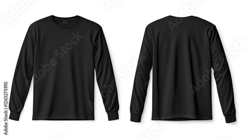 front and back view of black long-sleeve t-shirt mockup isolated on white background.